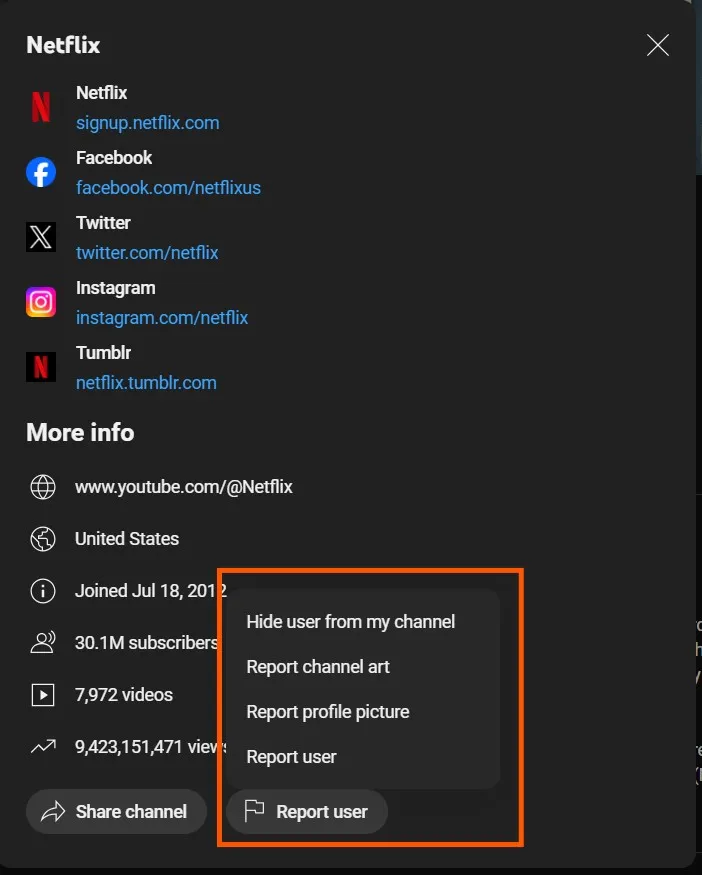 Find the hide user from my channel option