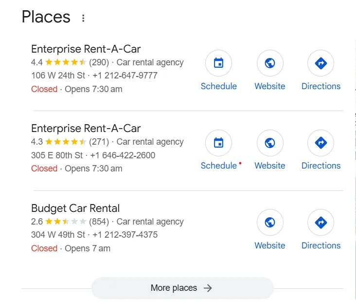 Google 3-pack in search results based on keywords and locations