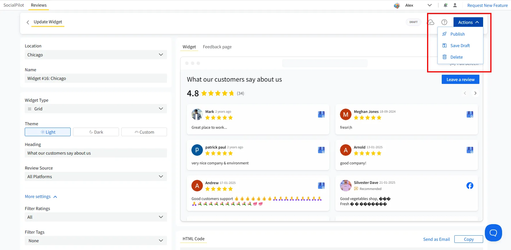 How to save and publish the review widget on the Shopify website