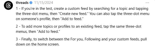 Instagram threads post about creating custom feed