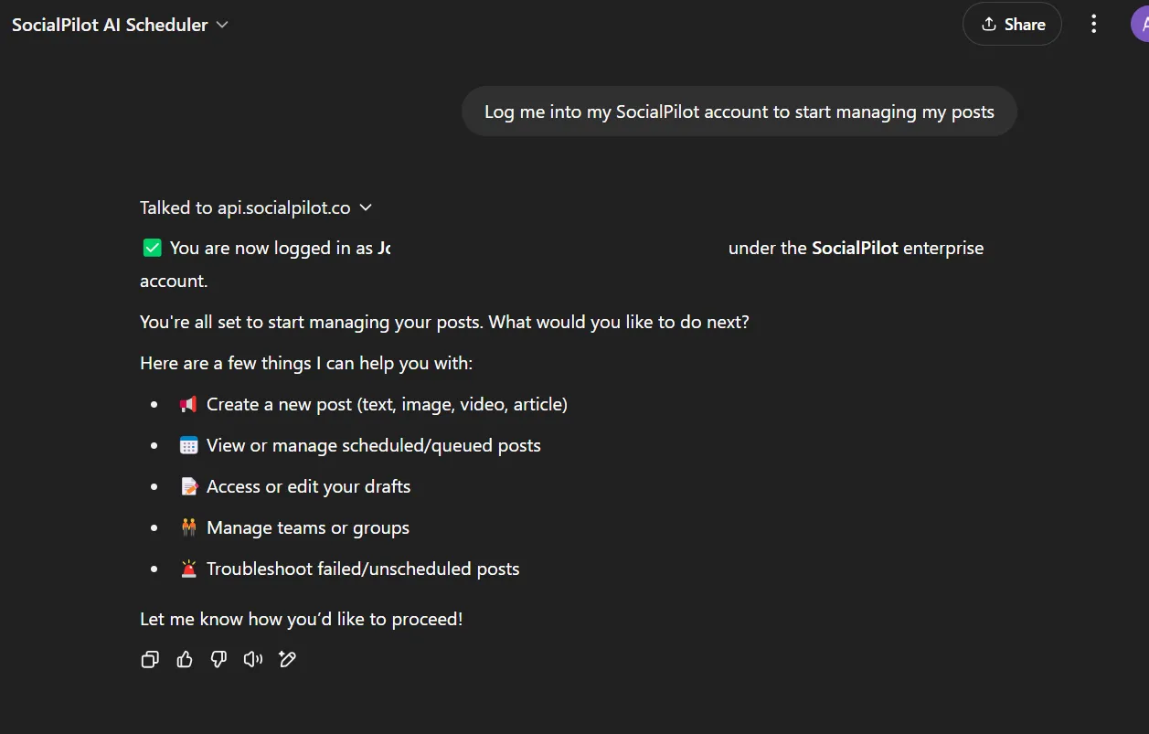 Log into your SocialPilot Account on ChatGpt