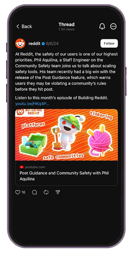 Reddit's thread promoting their youtube video on posting guidelines