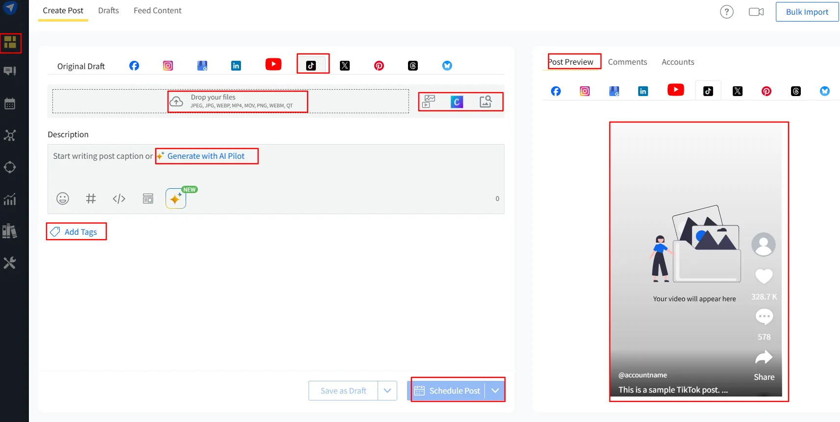 TikTok post create dashboard for schedule or live posting