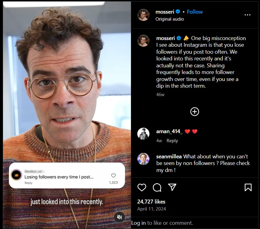 adam mosseri instagram post on the relationship between post frequency and follower count