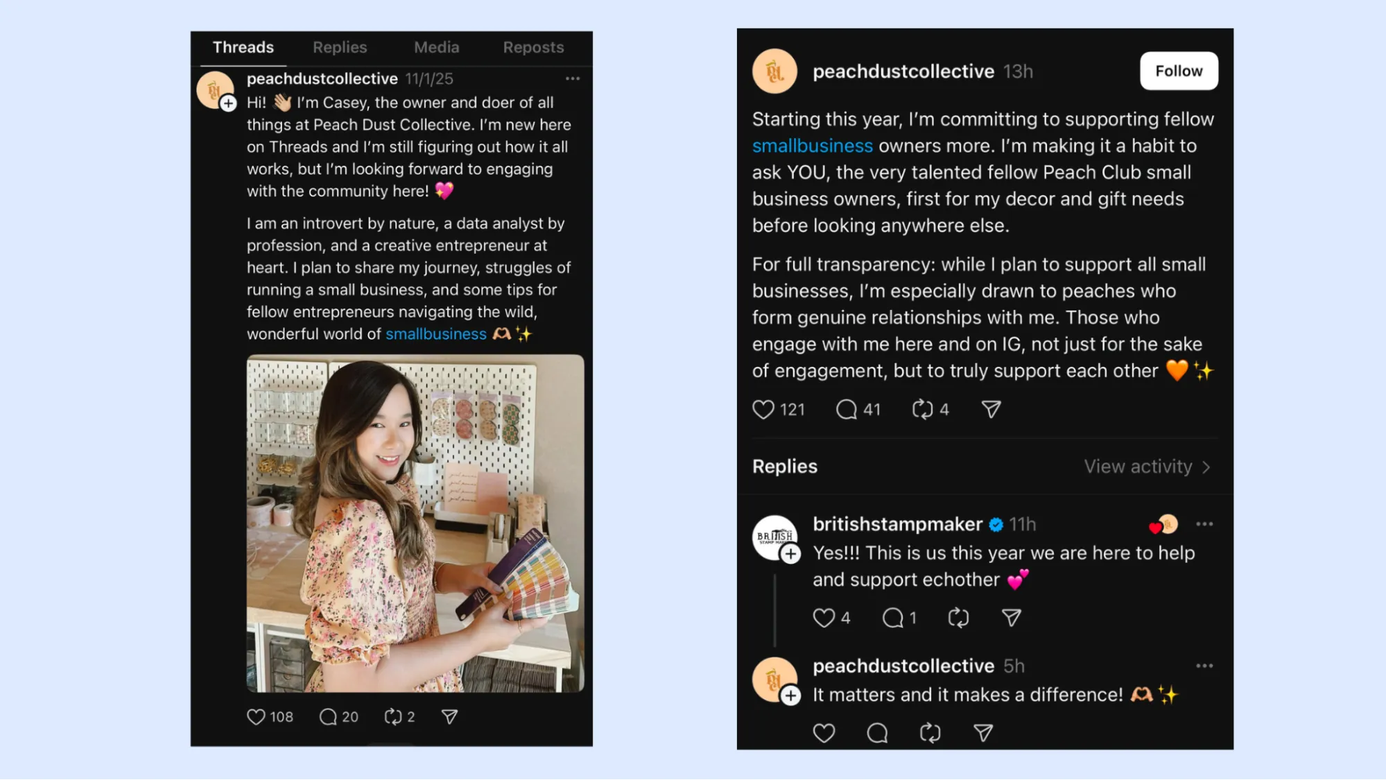 an image showcasing how Casey posts and engages with her followers on Threads