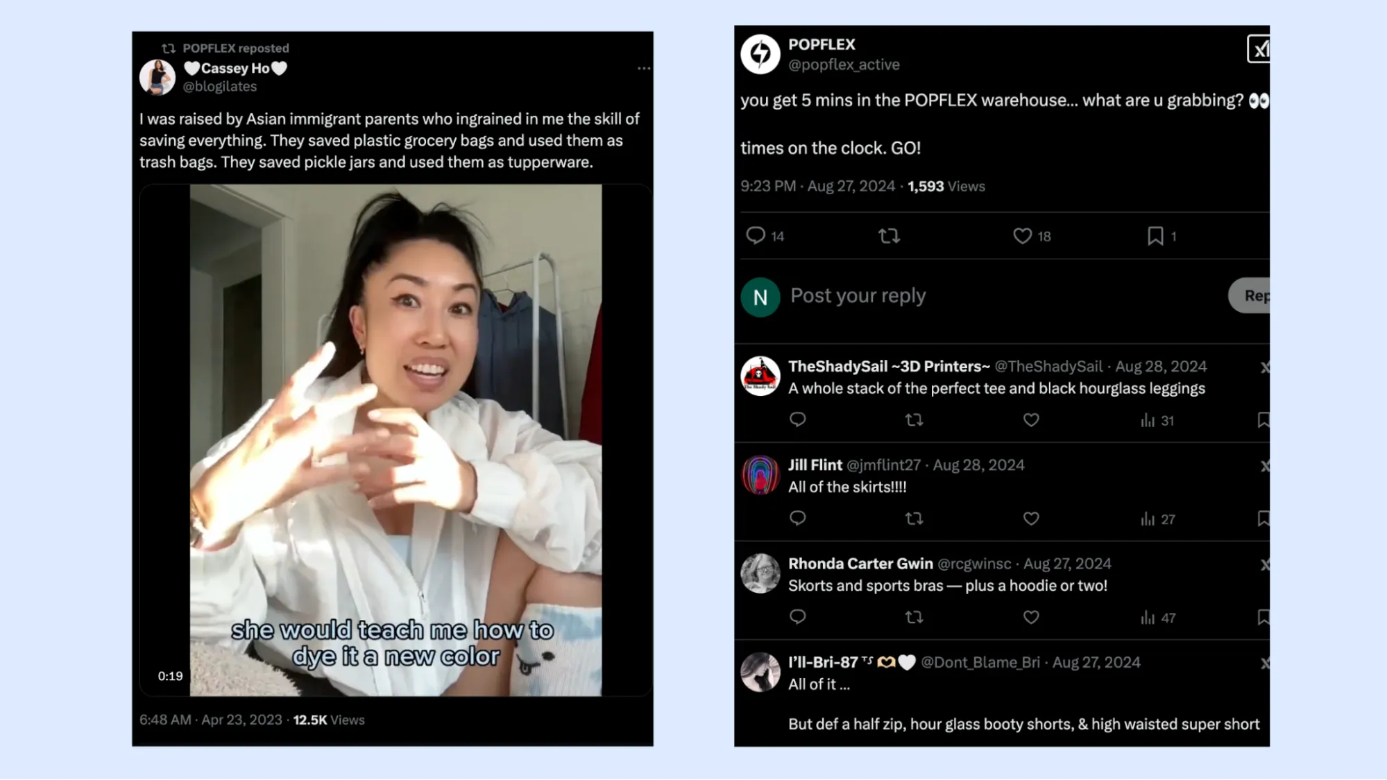 image showcasing how POPFLEX, an activewear brand, uses X to engage with their audienc