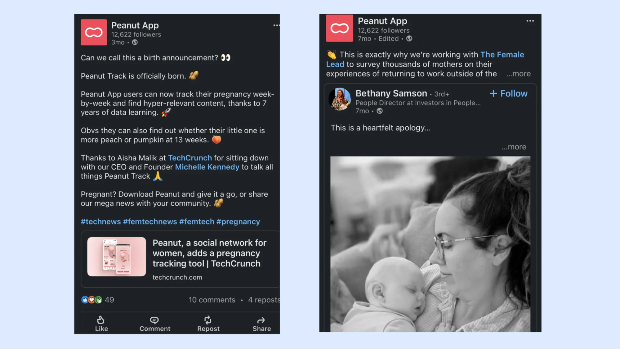 image showcasing how Peanut, a social platform for mothers, uses LinkedIn to share updates