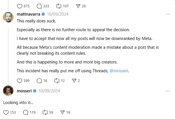 influencer reacting to instagram threads moderation faliure
