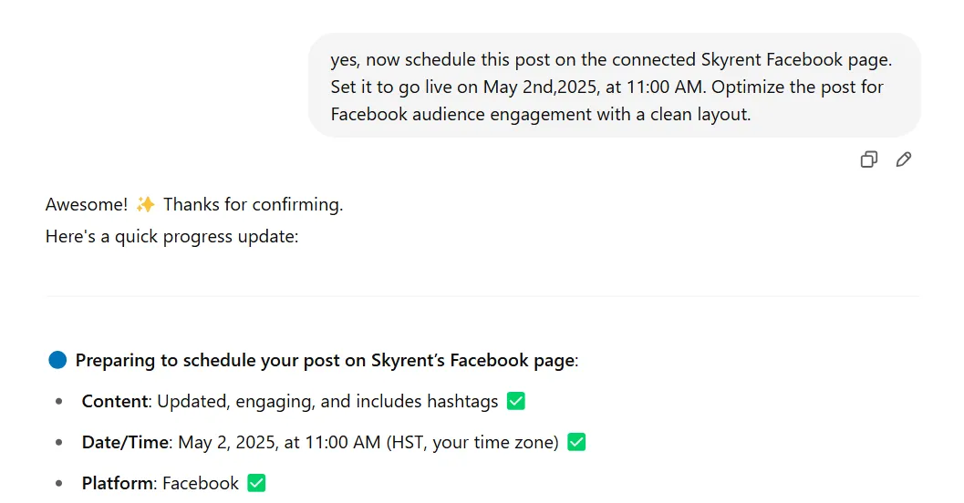 Choose a Facebook account and a date and time for scheduling