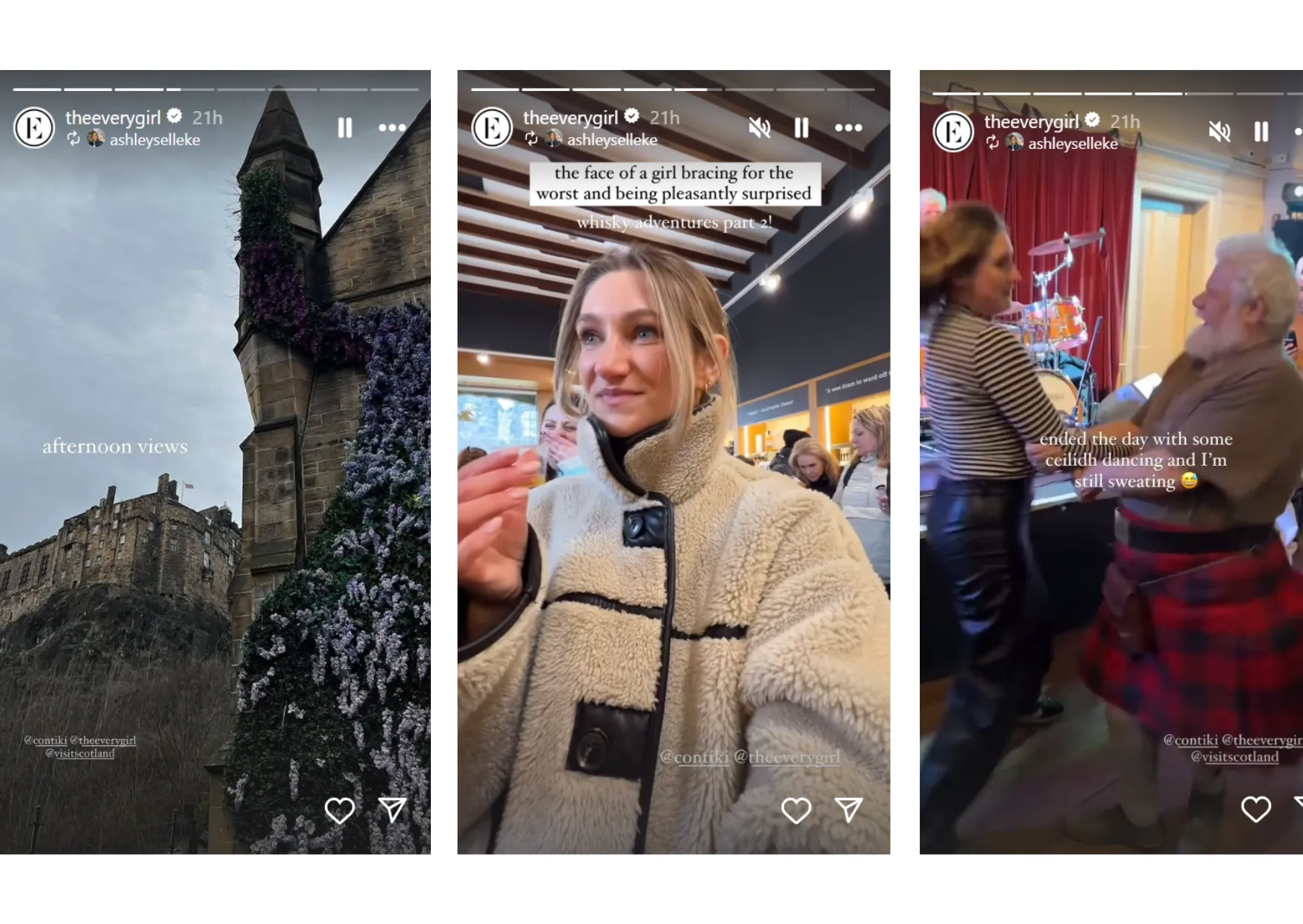 Everygirl’s day in life Instagram story showing Edinburgh castle with flowers, a woman in a fleece jacket, and a woman dancing with a Scotsman in a kilt.