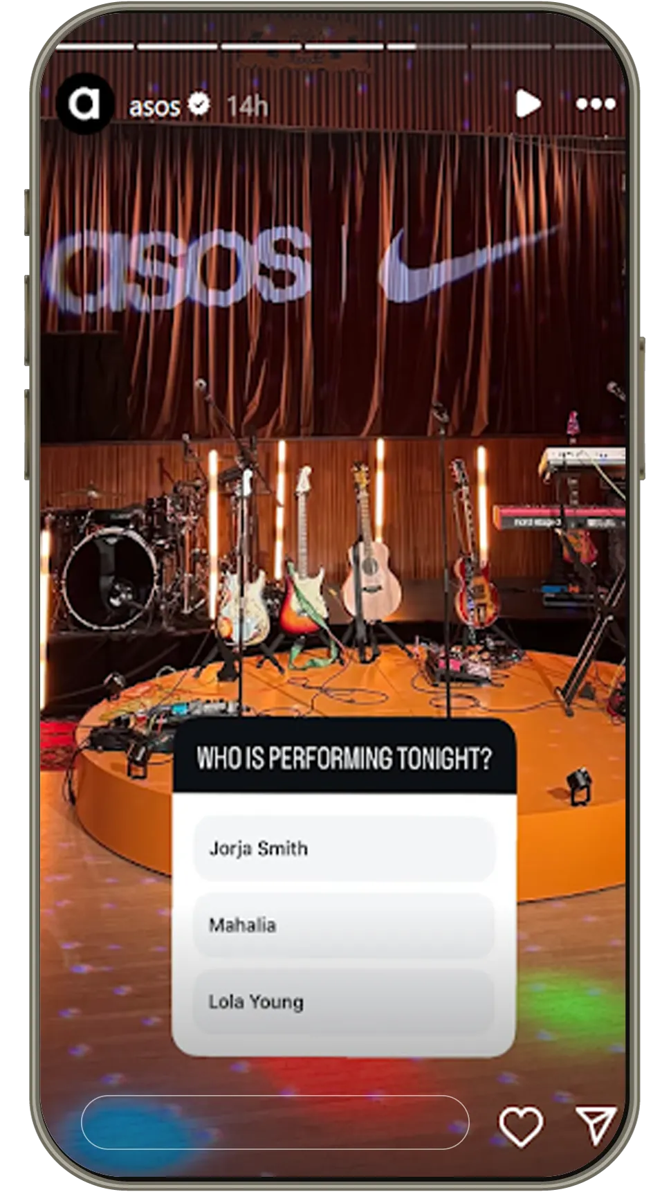 ASOS x Nike branded stage with musical instruments and a poll asking who is performing tonight. Event teaser.