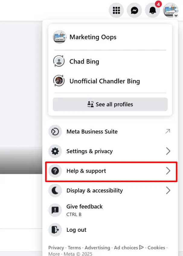 Click on Help and support on facebook