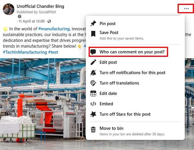 Click on hamburger menu on desktop to turn of comment on Facebook post