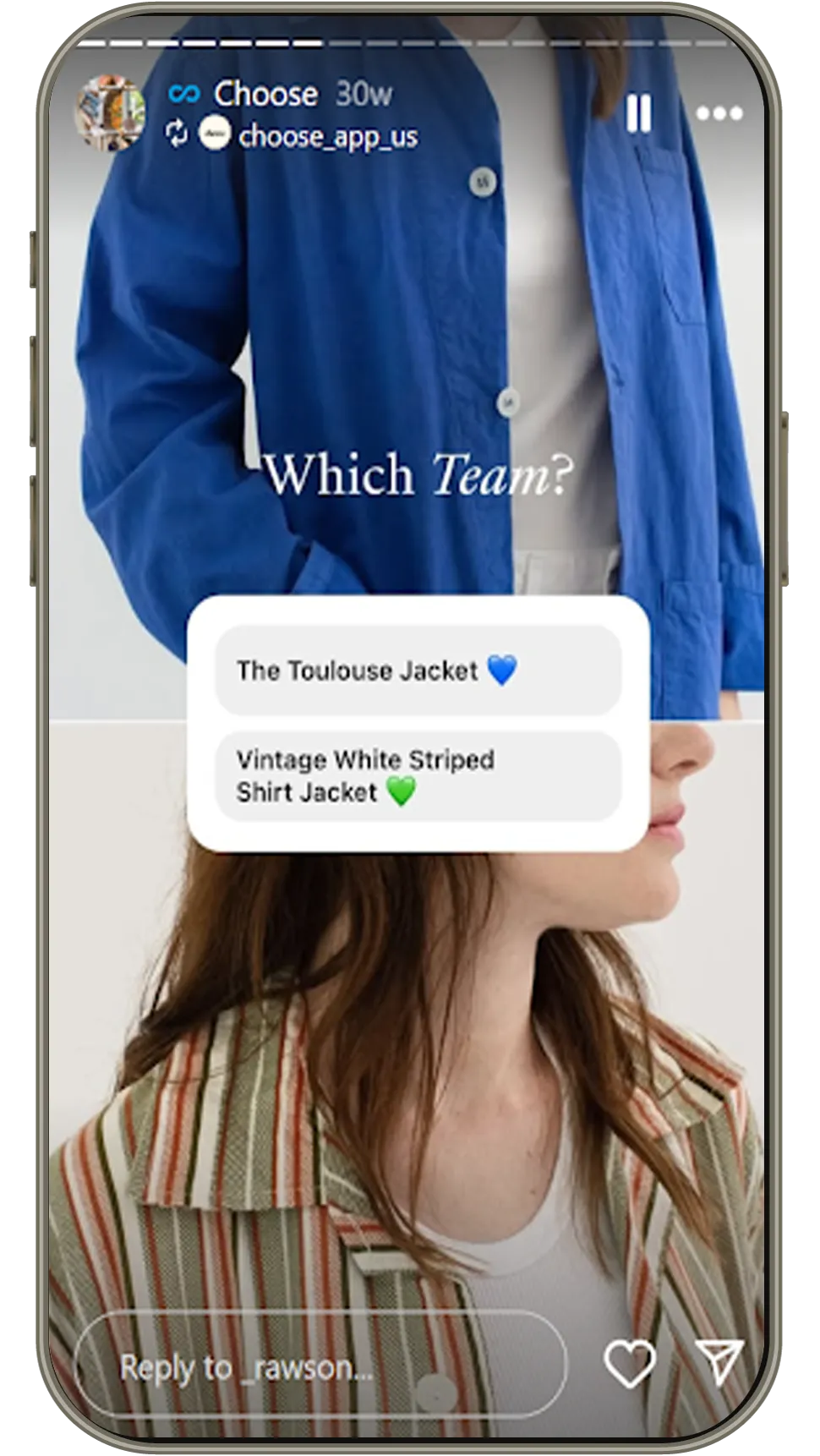 Instagram Story poll showing blue Toulouse Jacket vs. vintage white striped shirt jacket. Fashion style choice.