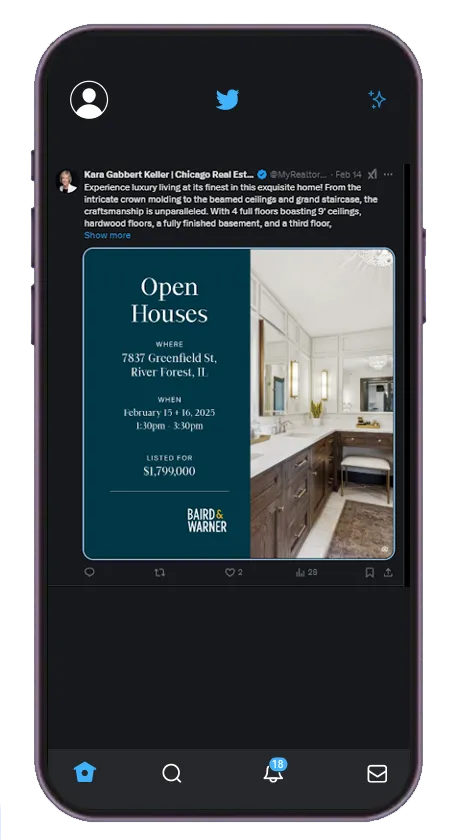 Instagram post on a phone from oneshotprod featuring a luxury estate with multiple photos and hashtags about real estate and Southern California