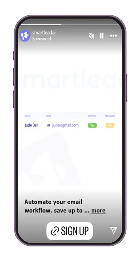 Instagram sponsored story from Smart Lead ai showing a screenshot with a white Sign Up button at the bottom
