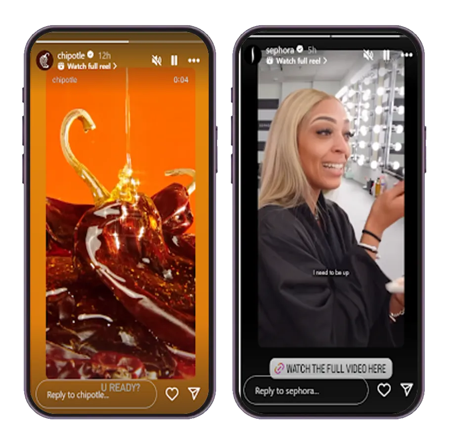Instagram story from @chipotle and @sephora reposting their reels on Instagram story