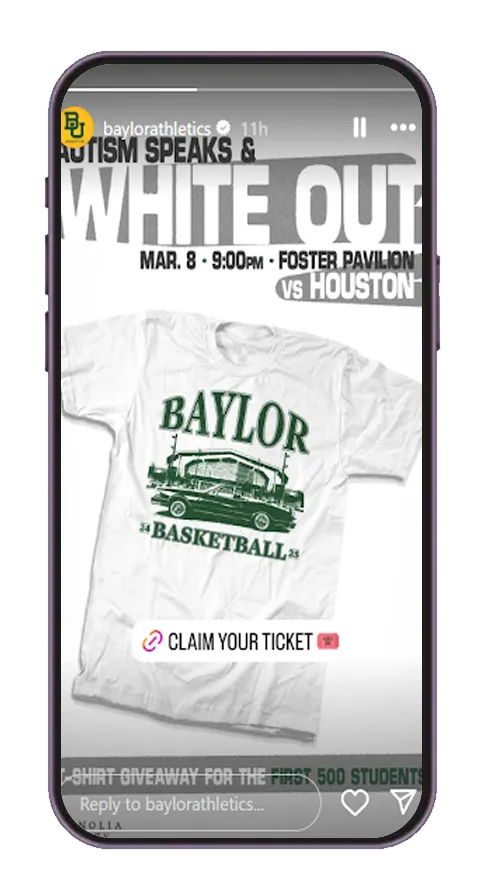 Instagram story from Baylorathletics promoting a White Out basketball game using a Baylor Basketball t-shirt with green lettering and a vintage car graphic.