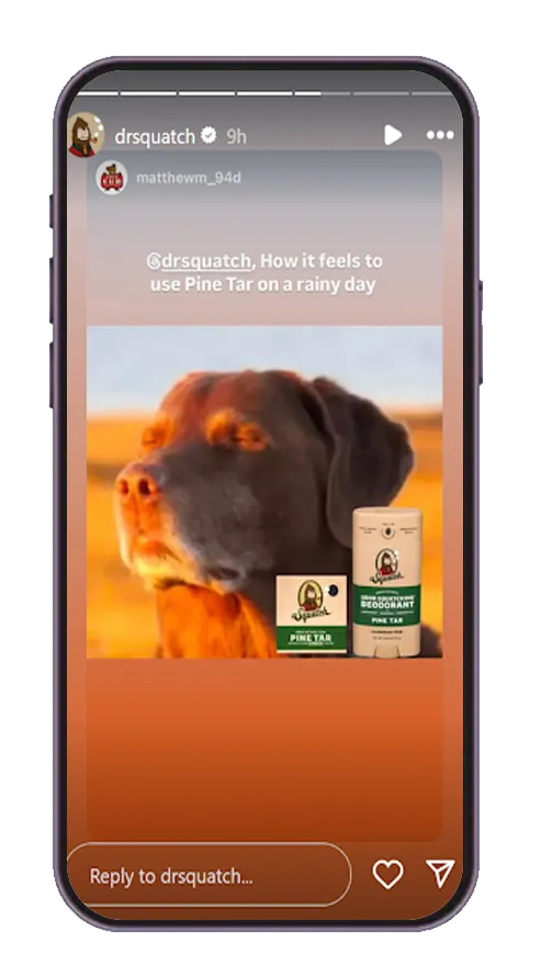 Instagram story from drsquatch featuring a meme of a relaxed dog staring into the distance.