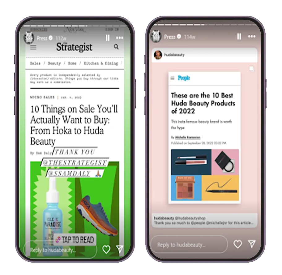 Instagram story from hudabeauty showing two screenshots of press releases