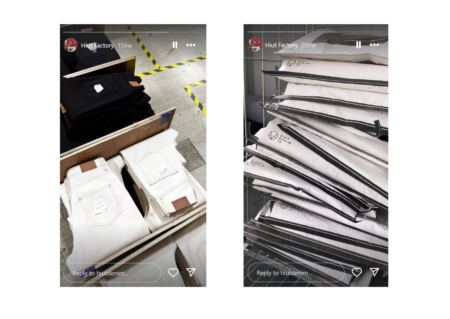 Instagram story of Hiut Denim showcasing a time-lapse of their packaging