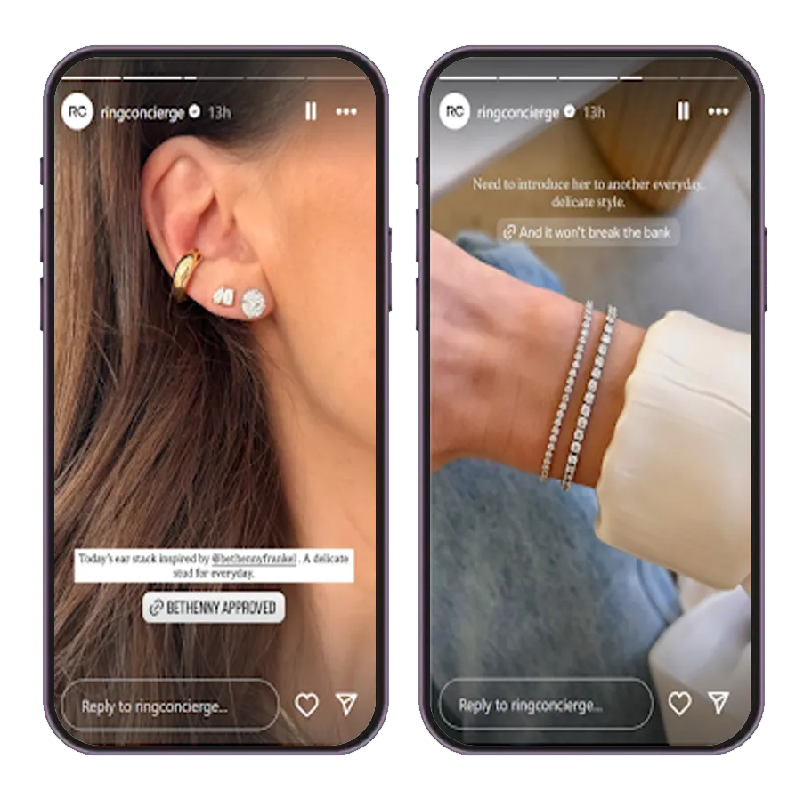 Instagram story series from Ring Concierge showcasing jewelry