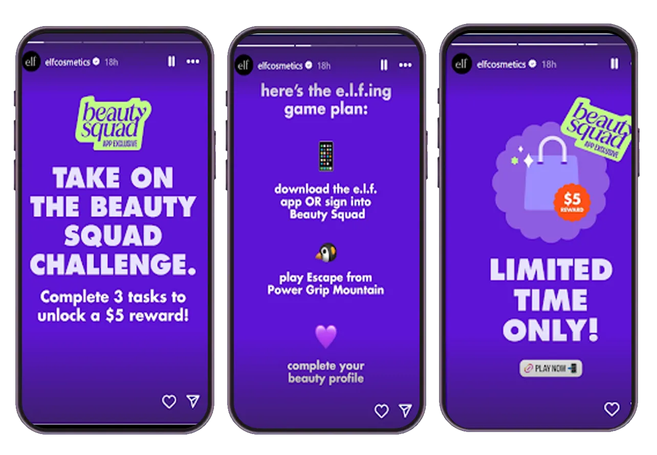 Instagram story series from elfcosmetics promoting the Beauty Squad Challenge