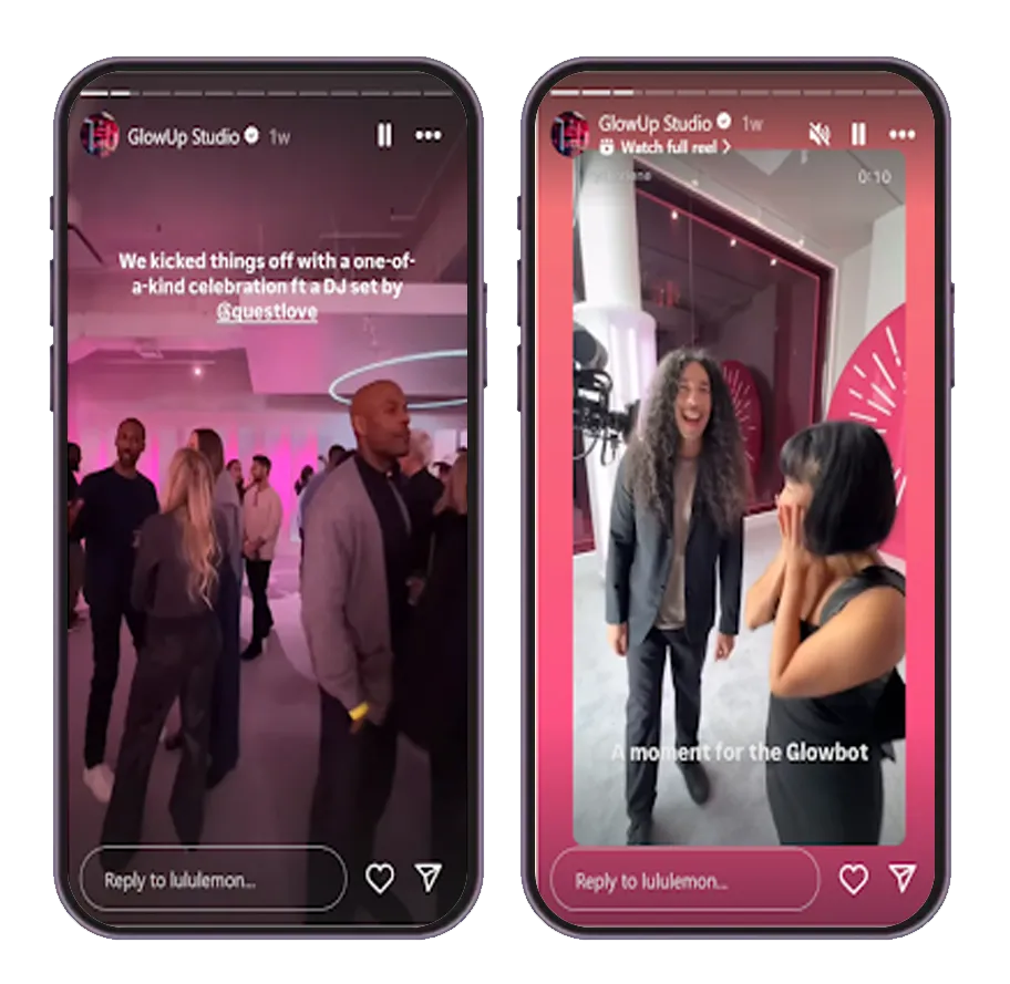 Instagram story series from lululemon’s Glow Up Studio event