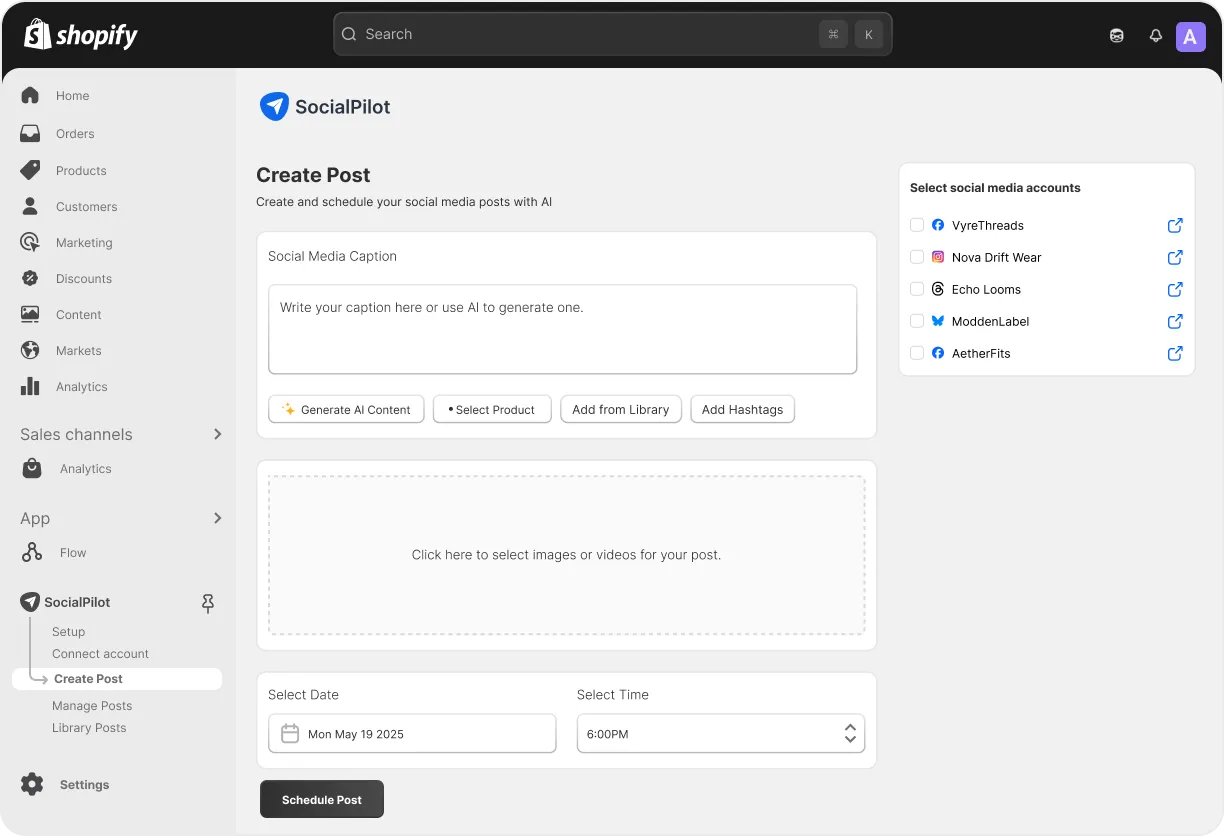 SocialPilot integration settings inside Shopify dashboard