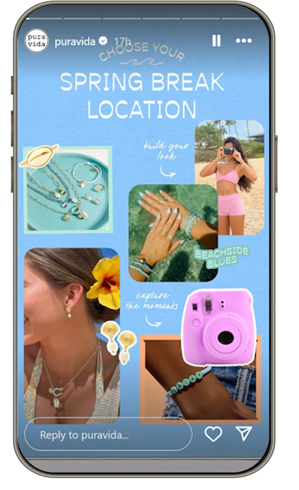 Spring break-themed collage by Pura Vida with jewelry, polaroid camera, beachwear, and text overlays. Travel and jewelry lifestyle