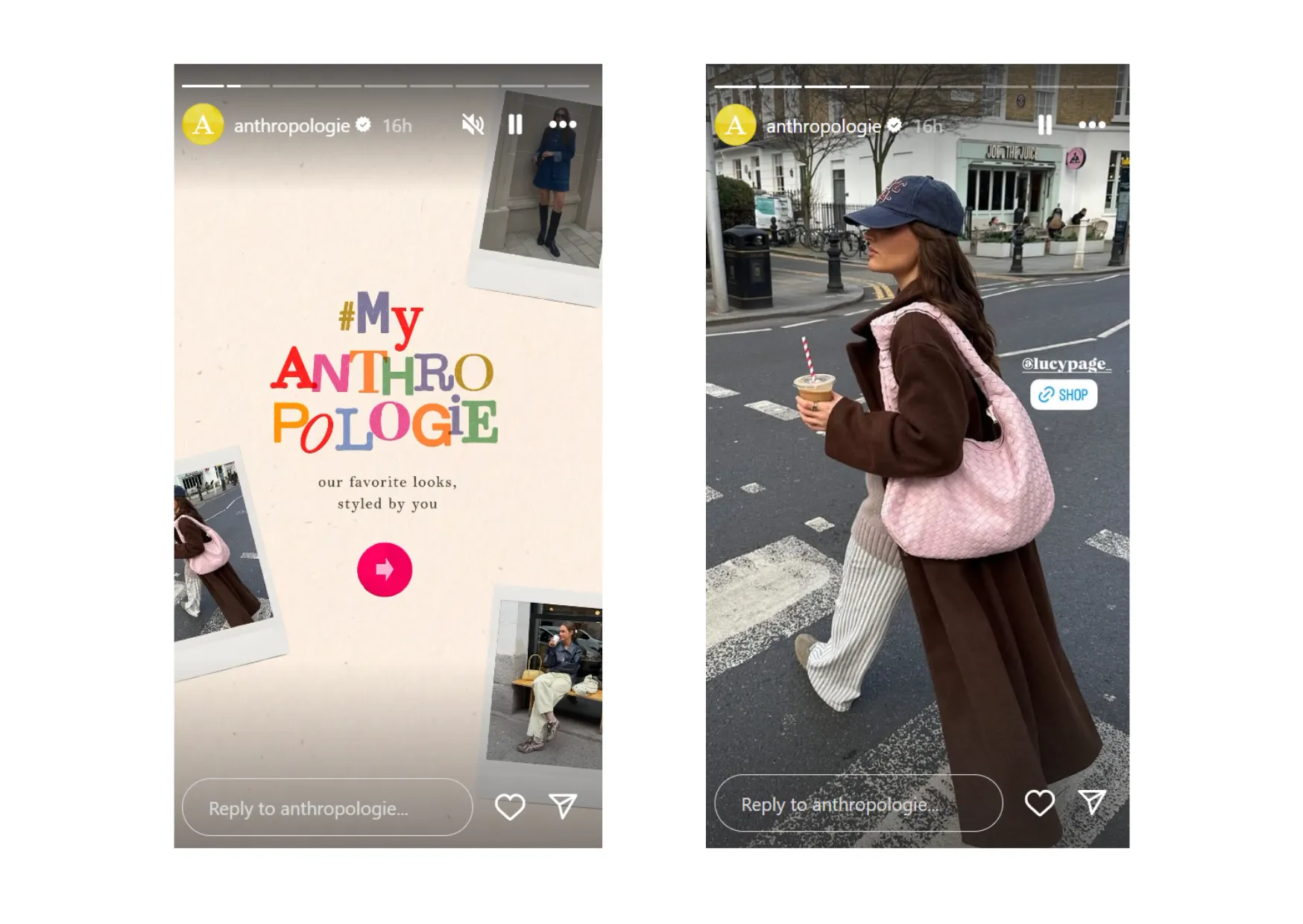 Two different Instagram story from Anthropologie shouting out one of their customer