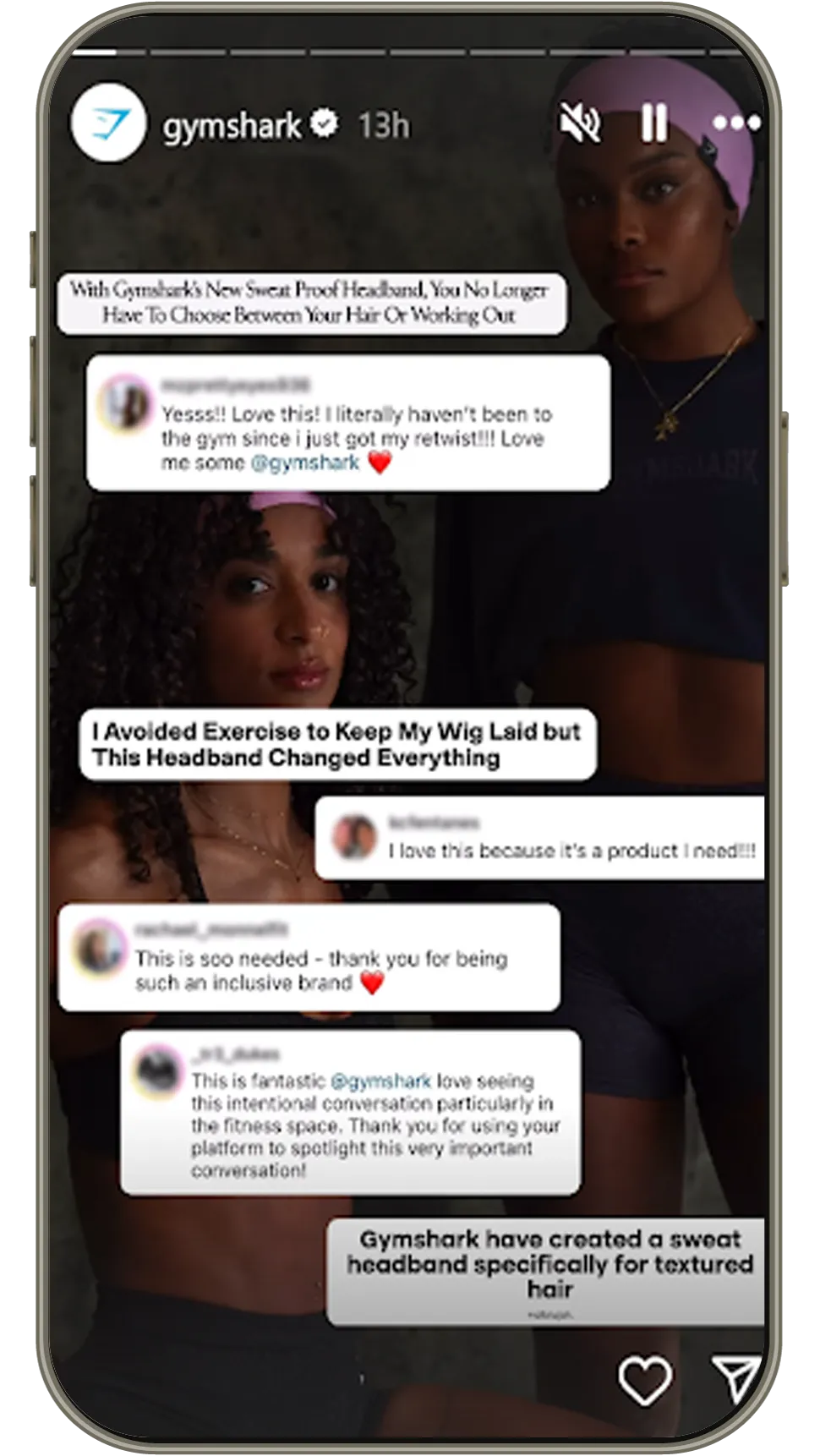 Two women wearing Gymshark sweatproof headbands for textured hair, with customer reviews overlaid. Inclusive fitness gear