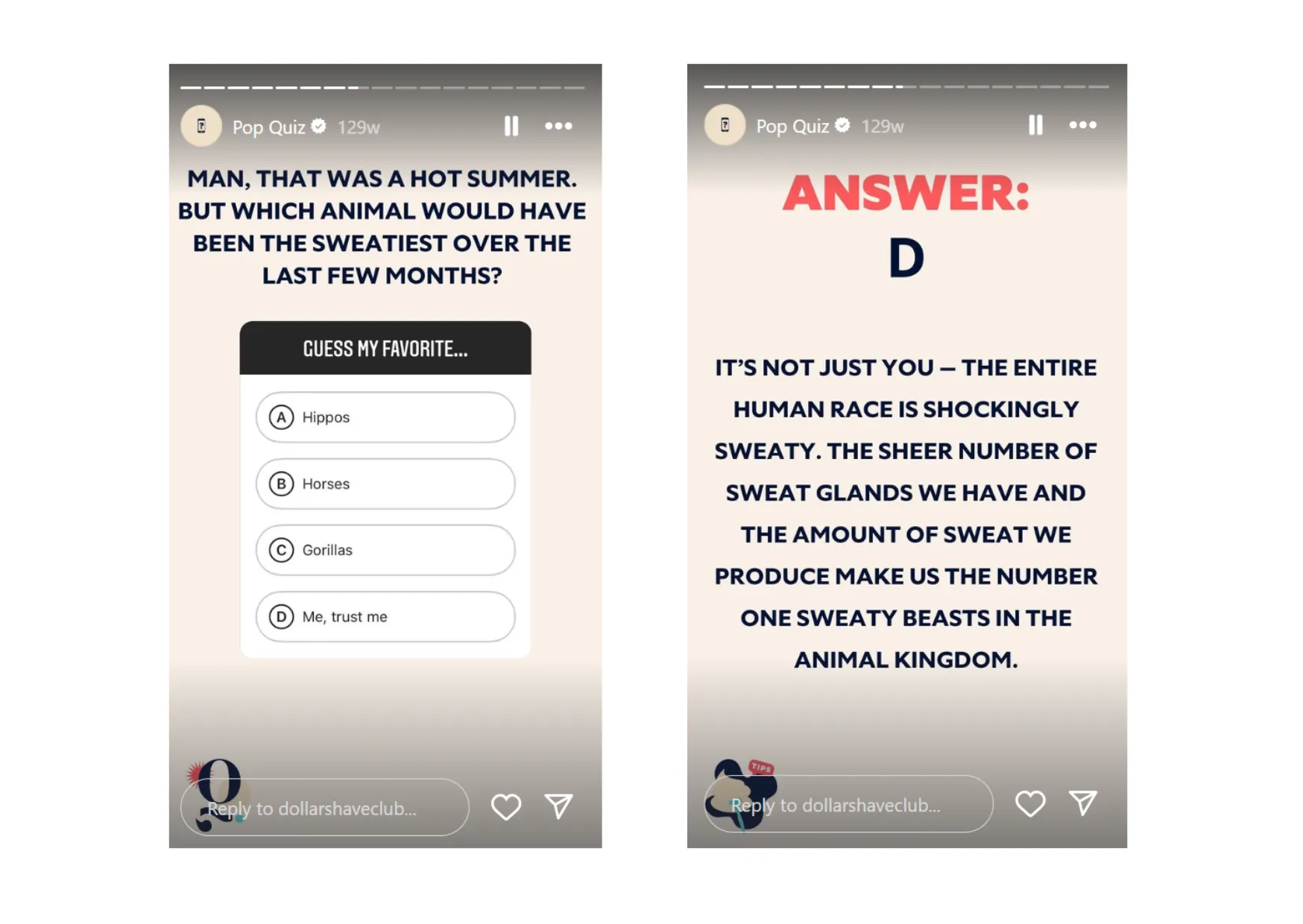 a pop quiz instagram story by dollar shave club
