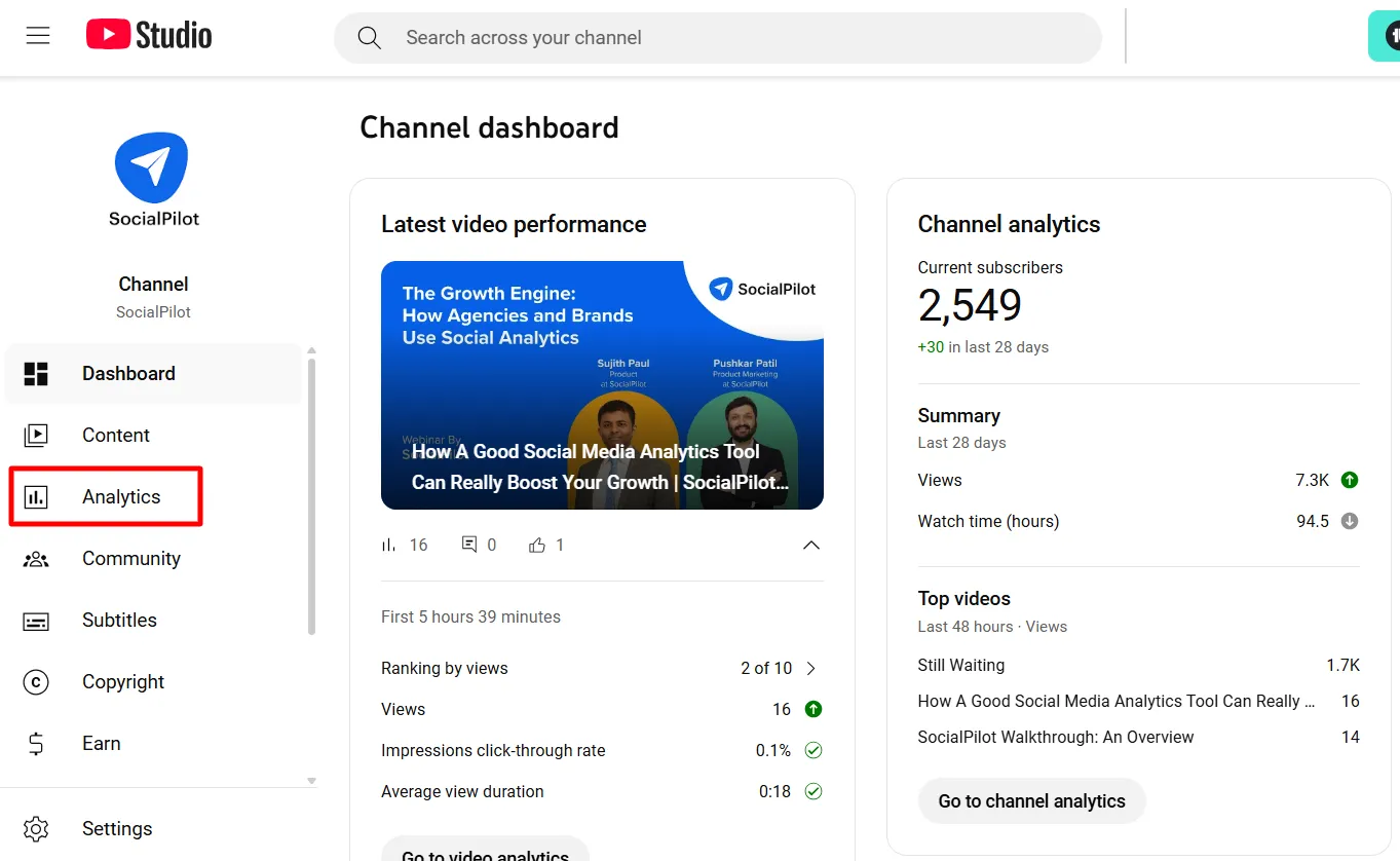 in the youtube studio click on Analytics