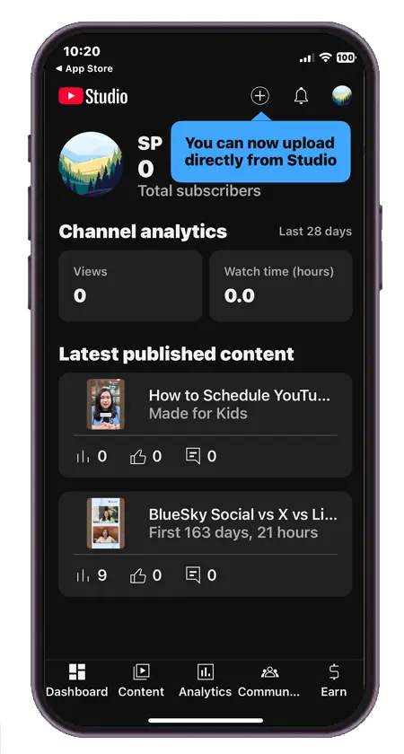 Visit youtube studio on mobile