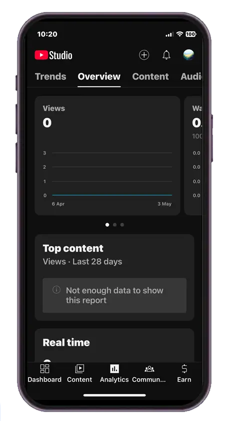 click on analytics on mobile to see youtube performance