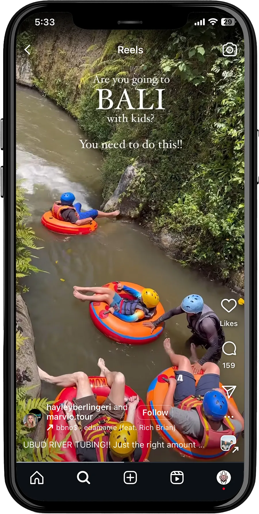 An Instagram story of Marvio's tour with the text: 'Are you going to BALI with kids? You need to do this!