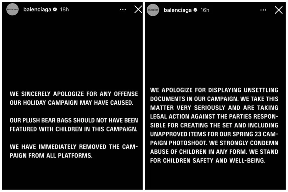 Balenciaga’s apology on Instagram and Twitter