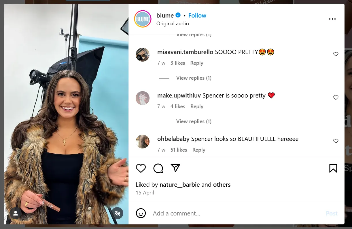 Beauty brand Blume influencer collab post featuring Spencer Barbosa
