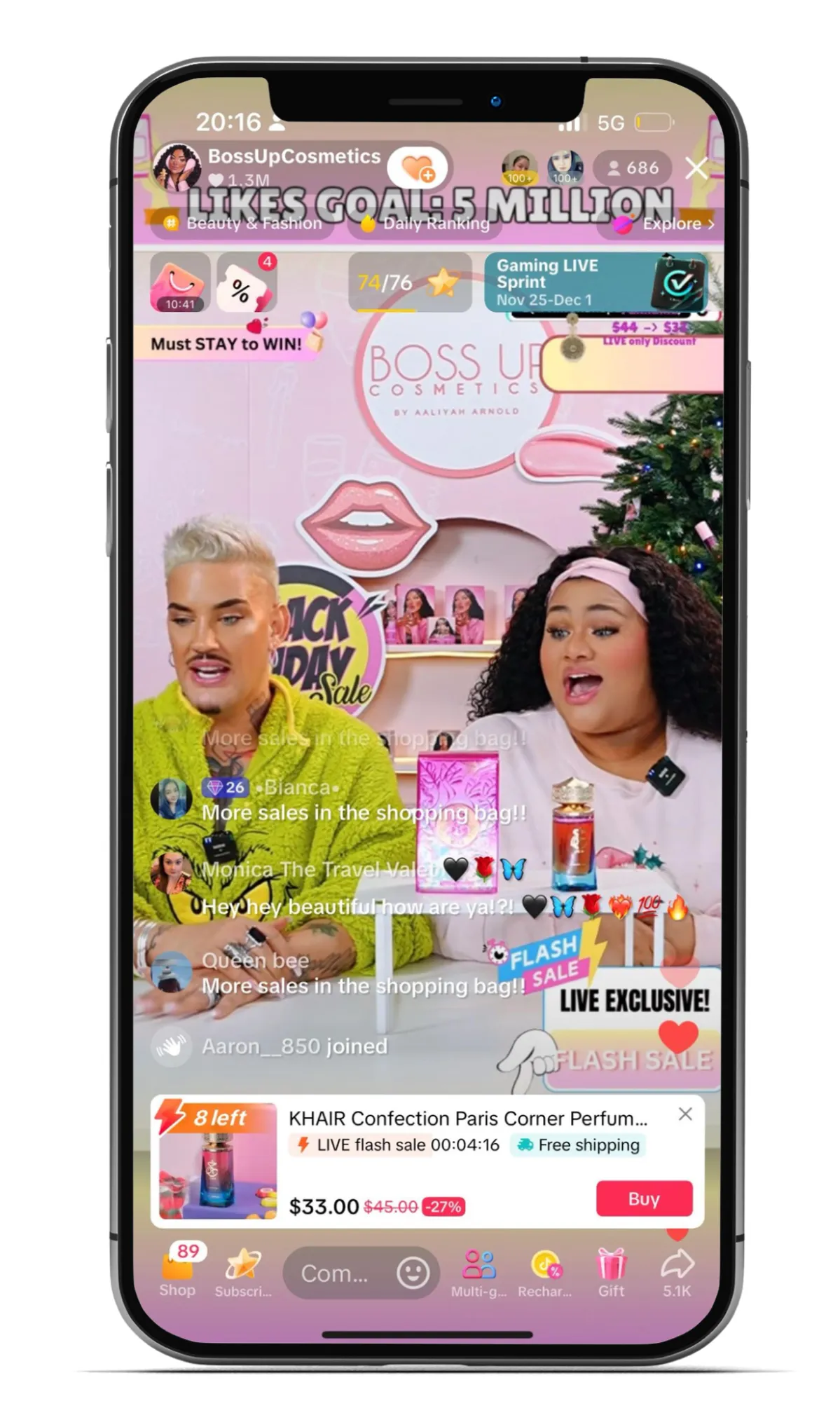 BossUp Cosmetics hosts a TikTok Live flash sale event promoting discounted perfume with interactive viewer engagement