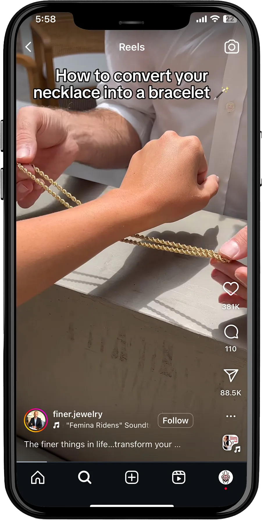 How to convert your necklace into a bracelet.' The post shows 33K likes and 88.5K views, with the username 'finer jewelry' and audio credit to 'Femma Ridera.
