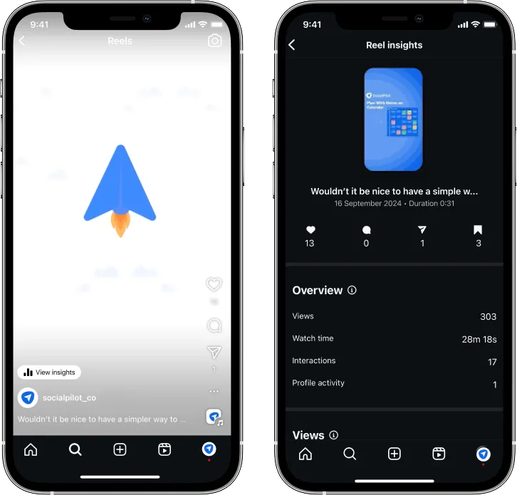 Instagram Reels analytics example with performance metrics from a SocialPilot post