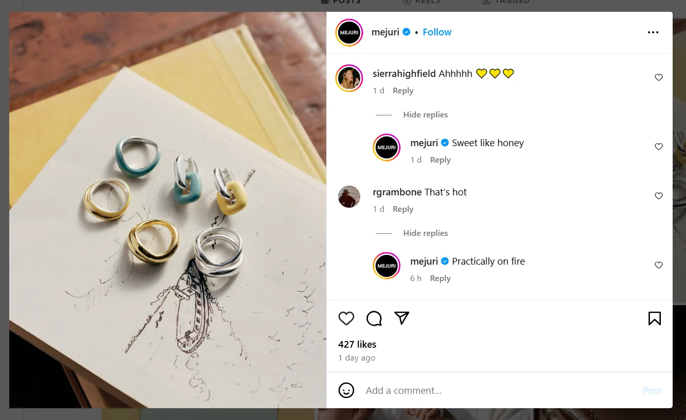 Jewellery brand Mejuri post comment section with active responses
