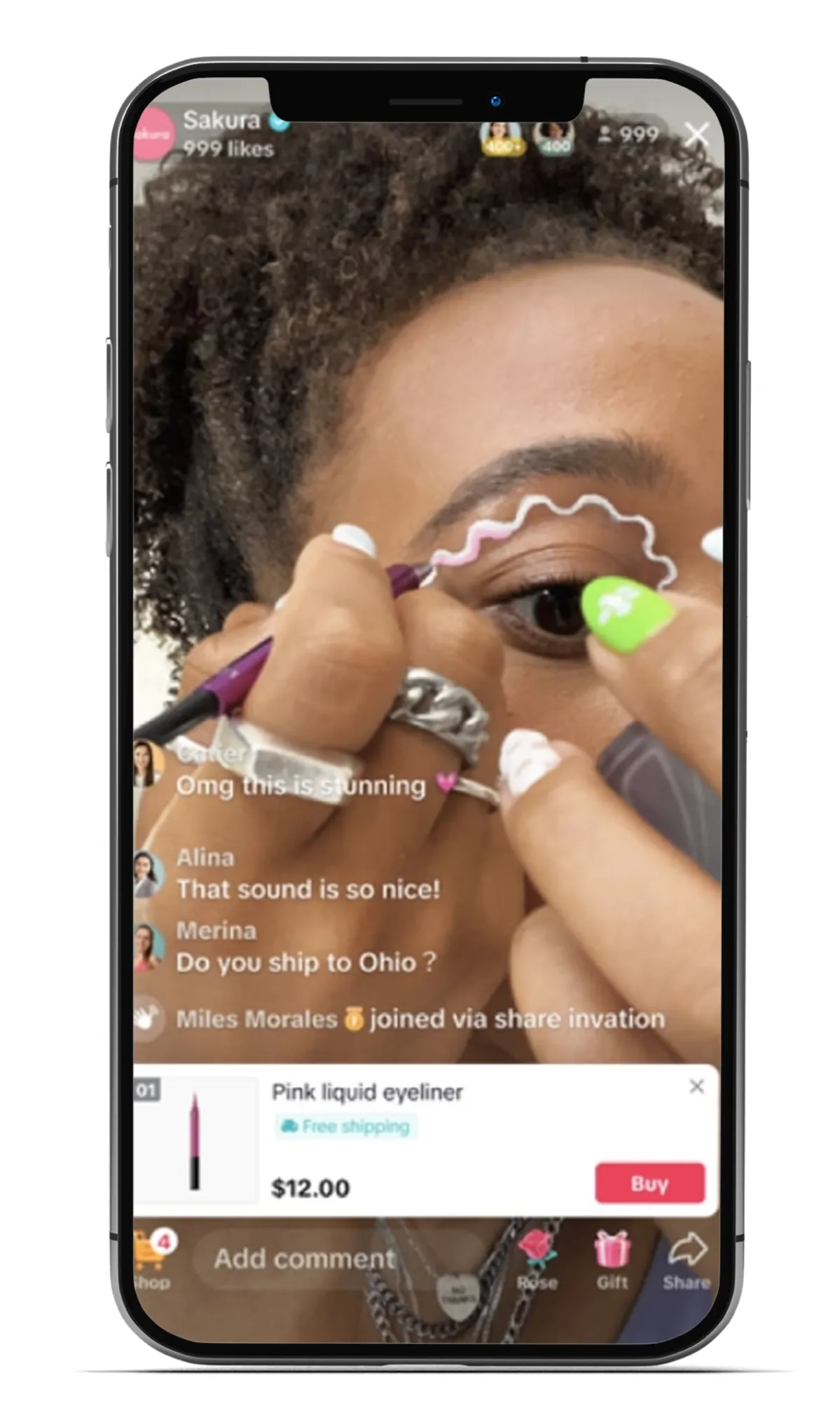 TikTok Live video of a beauty creator applying pink liquid eyeliner with a $12 product purchase option shown below