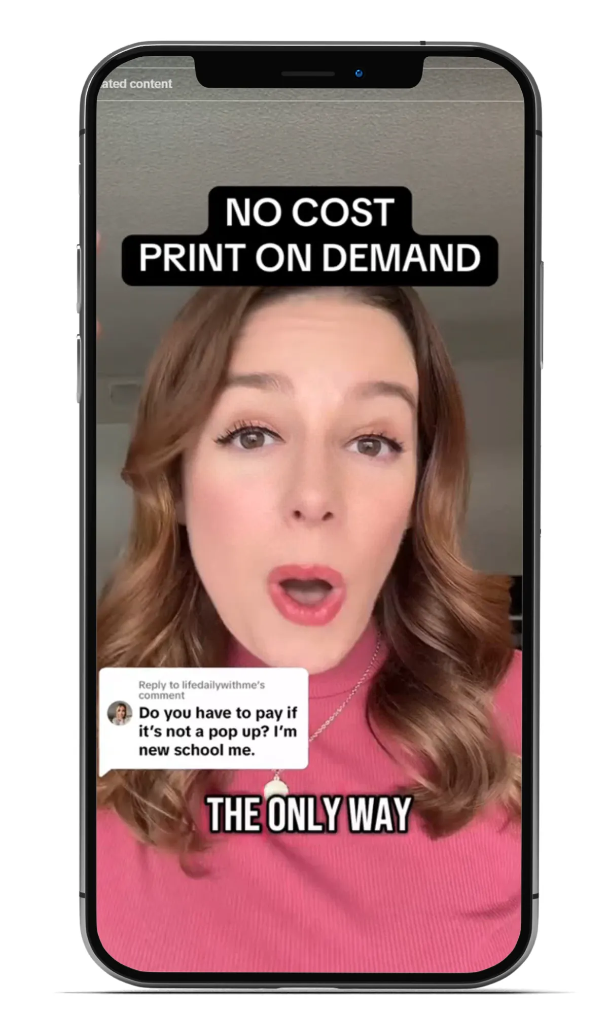 TikTok creator explains print-on-demand business model in an educational video with on-screen text “NO COST PRINT ON DEMAND