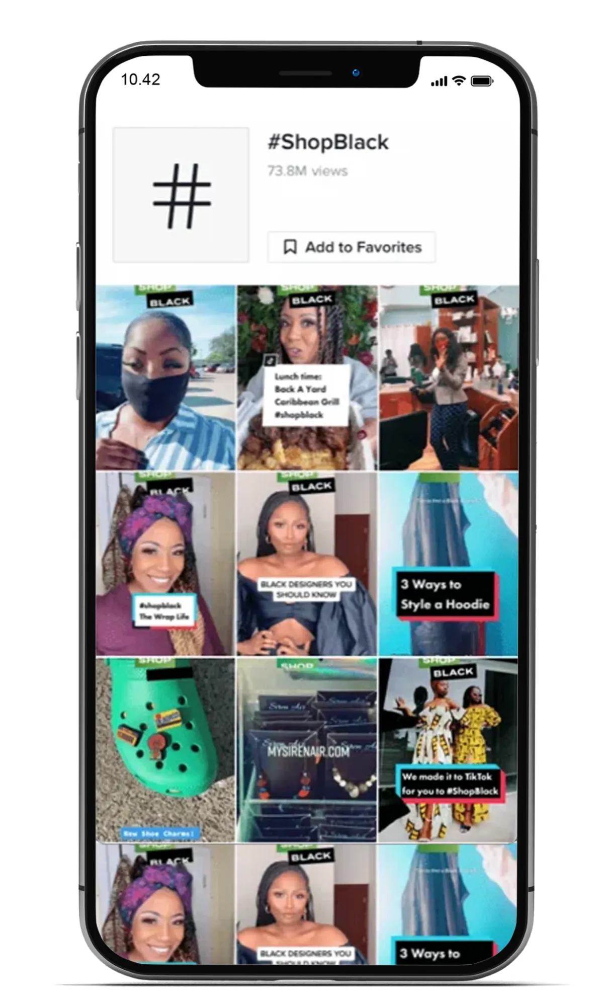 TikTok mobile screen displaying the #ShopBlack hashtag with various featured Black-owned businesses and creators