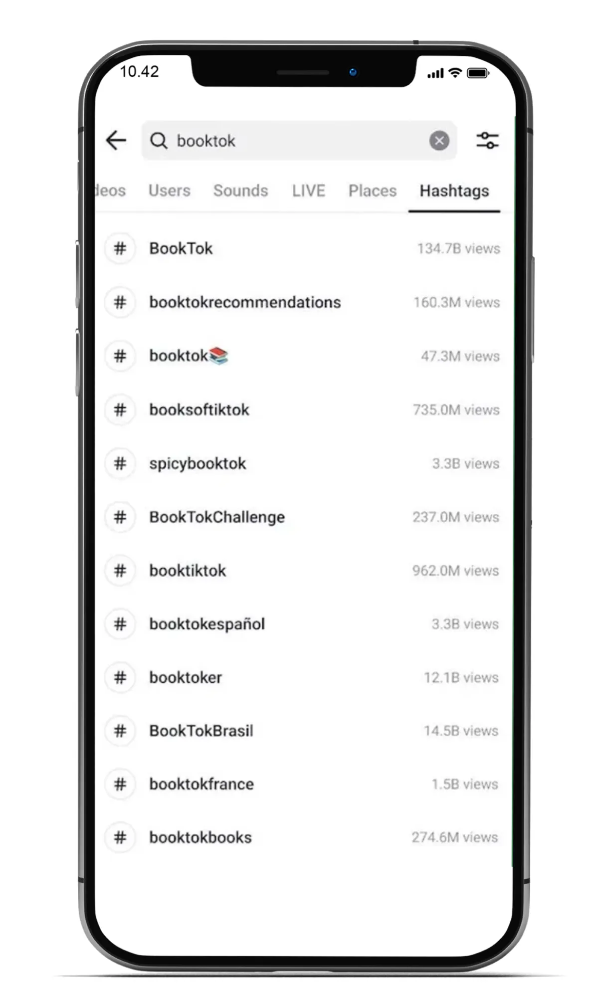 TikTok mobile screen showing top hashtags related to BookTok, including views and community-generated tag names