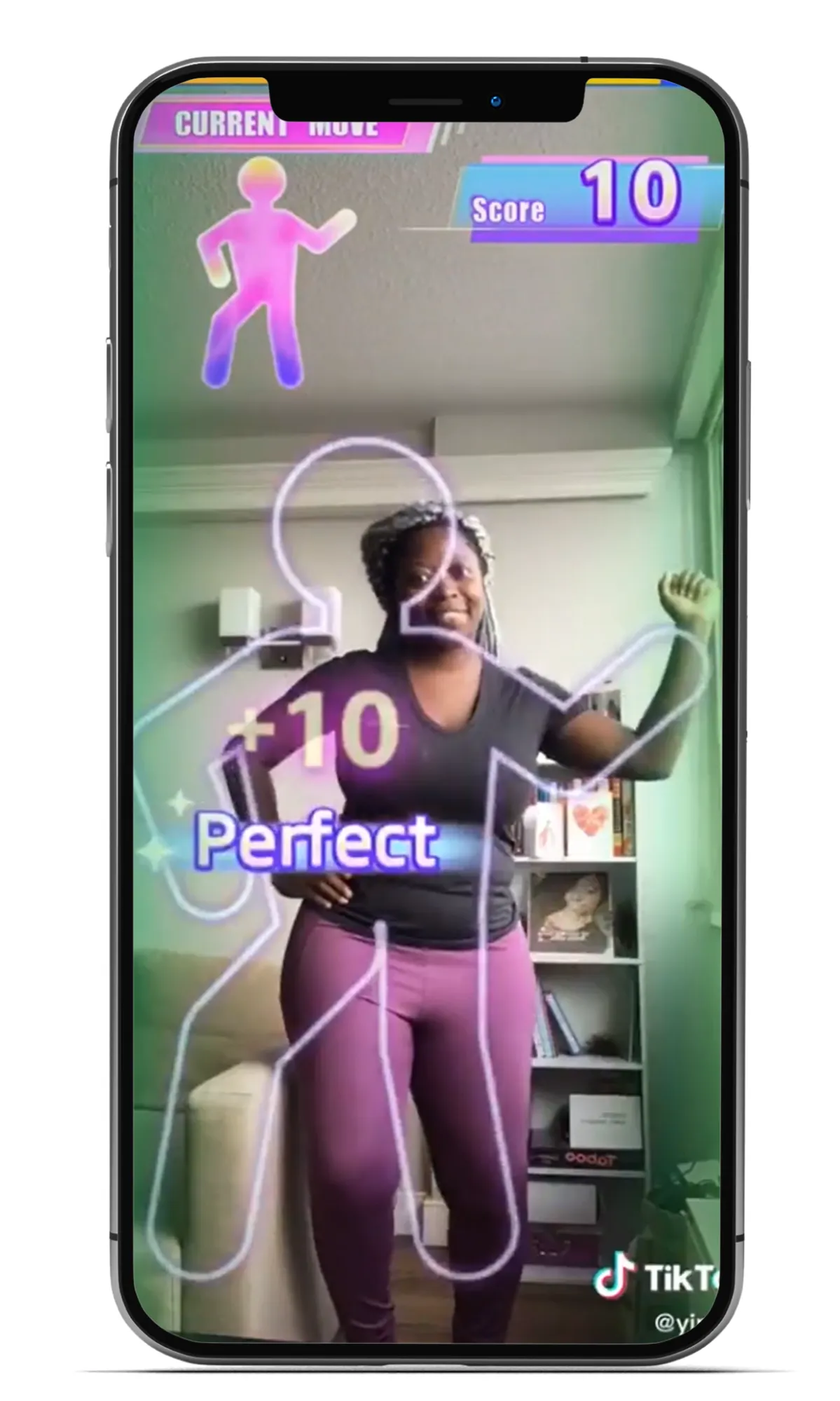 TikTok user playing an AR dance game, scoring points with “Perfect” moves tracked on-screen
