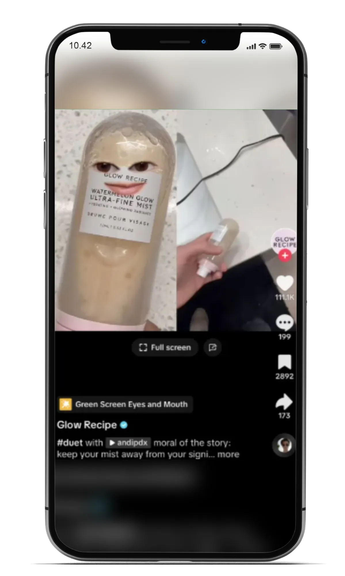 TikTok video of Glow Recipe using green screen eyes and mouth effect to promote their Watermelon Glow Ultra-Fine Mist