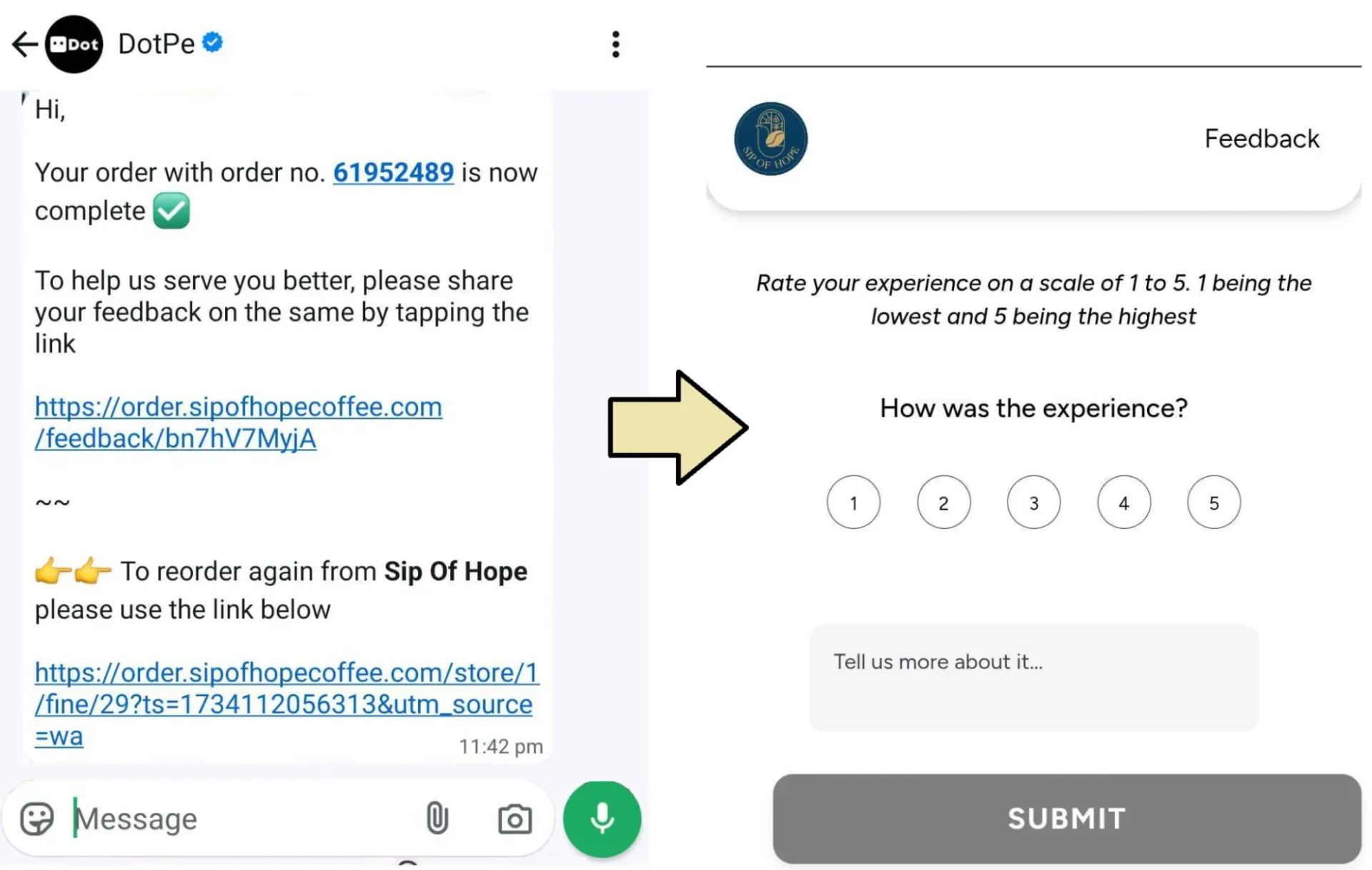 A business asking for a quick review through a WhatsApp message, leading to their simple feedback page, where the customer can provide a rating